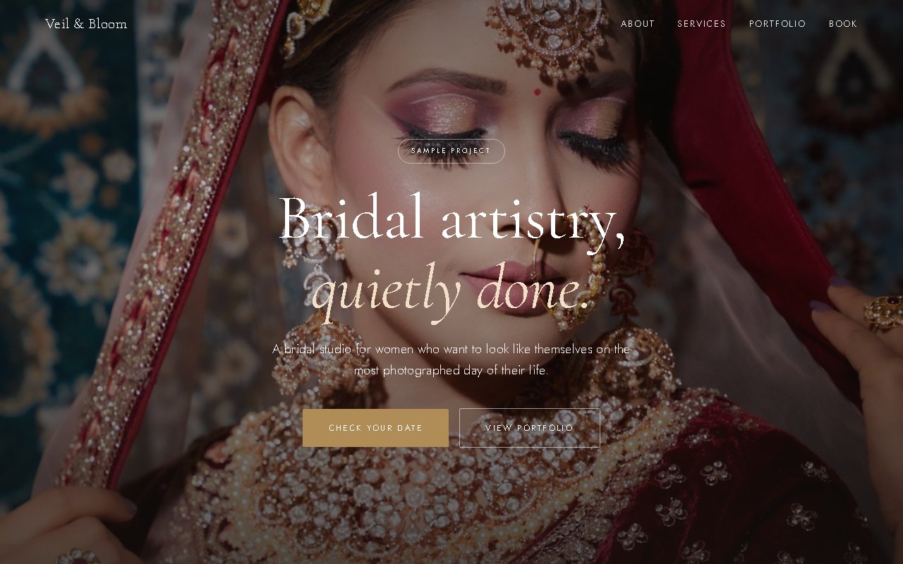 Desktop view of an example bridal makeup artist website